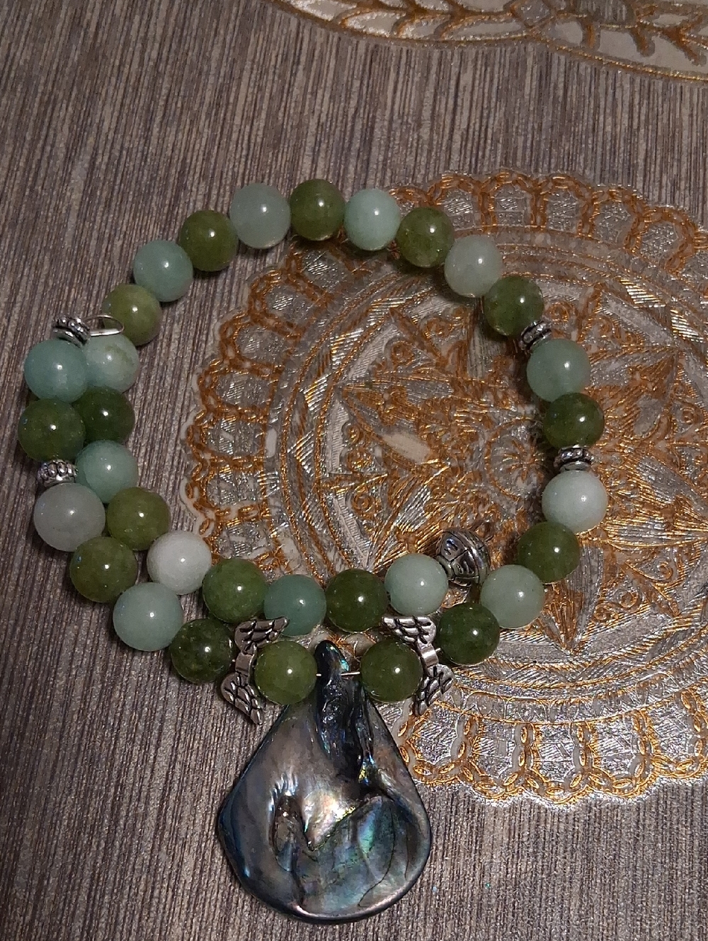 Green Jade GemstoneBeaded Bracelet with Abalone Pendant